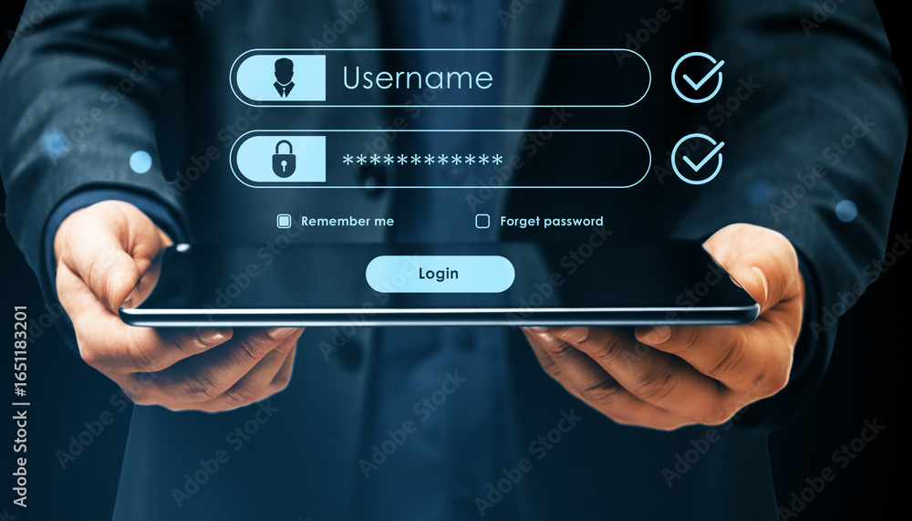 Poster user login interface with username and password fields on digital tablet in businessman hands, repre