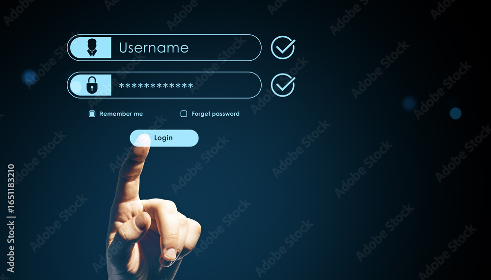 Poster finger pressing digital login button with username and password fields on futuristic secure interfac