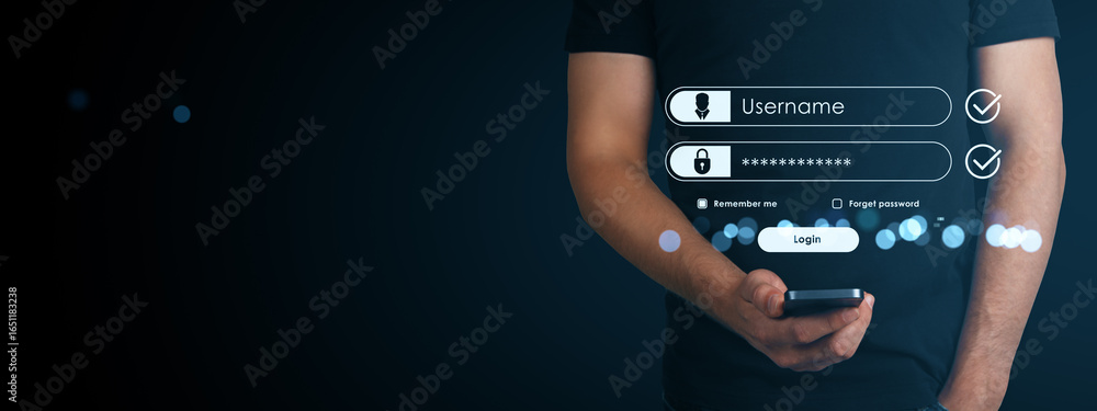 Poster man using smartphone with digital login form interface on dark background, symbolizing secure online