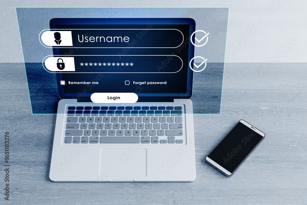 Poster login interface with username and password fields displayed on laptop screen beside smartphone on wo