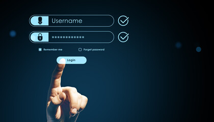 Finger pressing digital login button with username and password fields on futuristic secure...