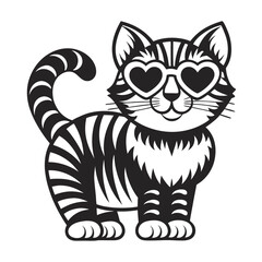 Striped Cartoon Cat Wearing Heart Sunglasses in Black and White Design
