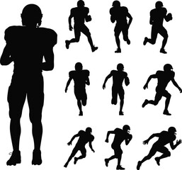 PrinFootball player silhouette, dynamic action pose, vector illustration, athlete running, sports graphic, helmet uniform, motion design, competitive energyt