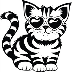 Striped Cat with Heart Sunglasses Cartoon Silhouette on White Background Isolated