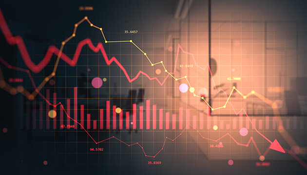 Financial market crash with falling red graphs and downward trend arrows on digital screen in office environment representing global economic crisis.