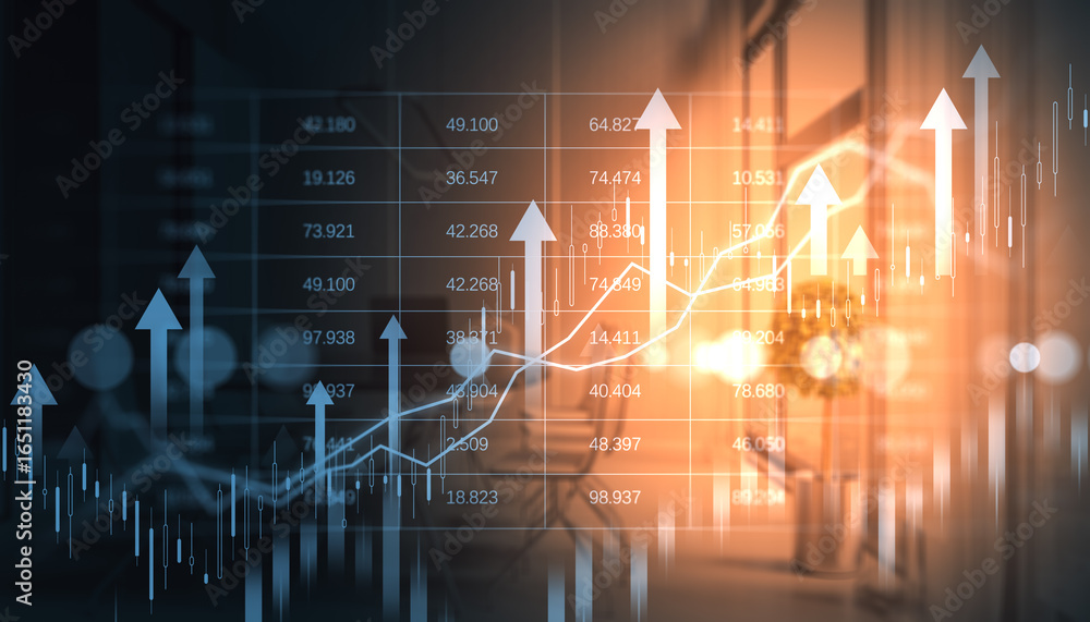 Poster abstract financial growth chart with upward arrows and data overlay on office background symbolizing
