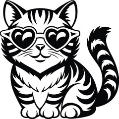 Striped Cat with Heart Sunglasses on White Background Design