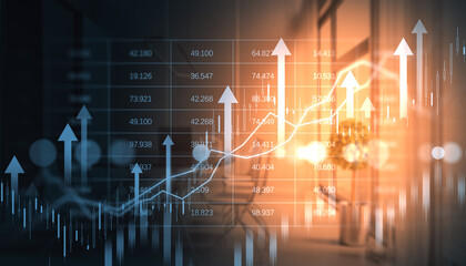 Abstract financial growth chart with upward arrows and data overlay on office background symbolizing market success and business investment.