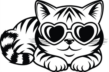of Striped Cat Relaxing Wearing Heart Glasses on White Background