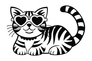Striped Cat with Heart Glasses Sitting on White Background Cute Black and White