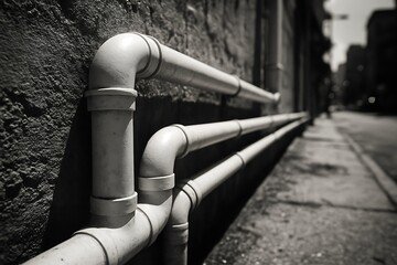 Black and white photo of white plastic pipes attached to urban concrete wall along sidewalk