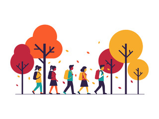 Schoolchildren's Autumn Stroll: A procession of diverse students cheerfully strides along a path, the trees around them a blaze of warm autumn colors and the wind playfully swirling fallen leaves. 