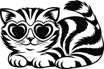 Striped Cat with Heart Sunglasses on White Background Flat