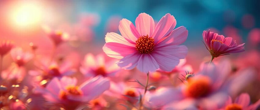 Bright pink flowers bloom in a tranquil field during sunset with warm sunlight illuminating the scene