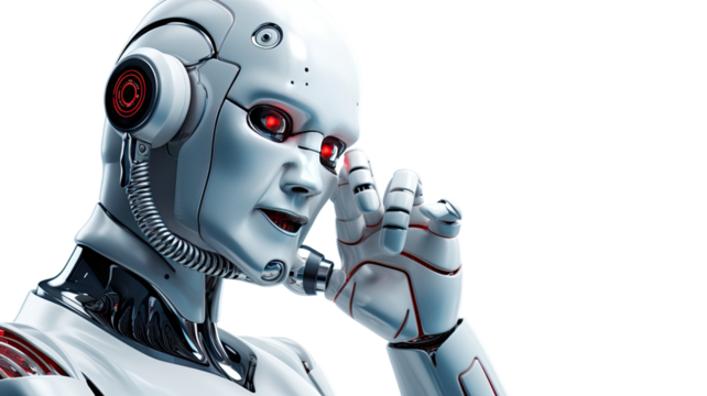 Artificial intelligence robot using mobile phone for communication on white background