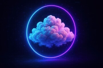 Fototapeta premium Futuristic 3D cloud formation illuminated by holographic neon ring in cyberpunk night sky, abstract digital art for technology and gaming themes
