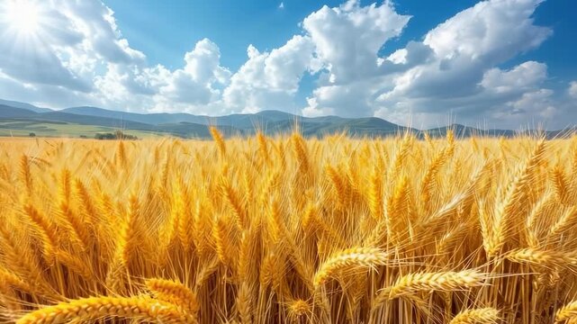 Wheat field swaying under blue sky with fluffy clouds and distant mountains in summer landscape