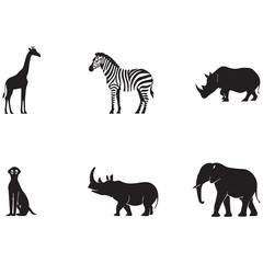 Naklejka premium Collection of african wildlife silhouettes including a giraffe zebra and rhinos