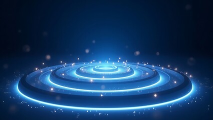 Obraz premium Futuristic neon podium with glowing blue rings and particles