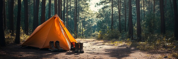 Orange tent in a serene forest setting, accompanied by hiking boots, inviting adventure and tranquility.