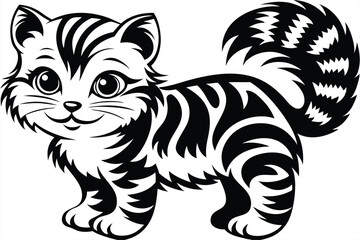 Obraz premium Stripped Cartoon Kitten with Big Eyes and a Fluffy Tail on White Background