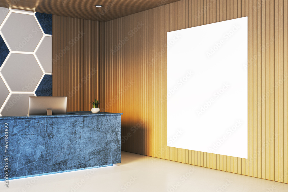 Poster modern reception desk with blue marble finish and vertical wooden wall featuring a blank vertical po