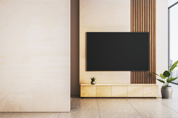 Modern blank TV screen mockup mounted on wooden wall in clean interior with city view, indoor...