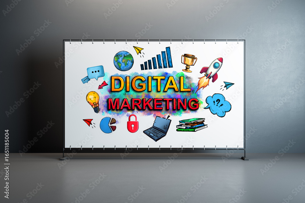 Poster digital marketing sketch banner with colorful icons and strategy elements on a light wall background