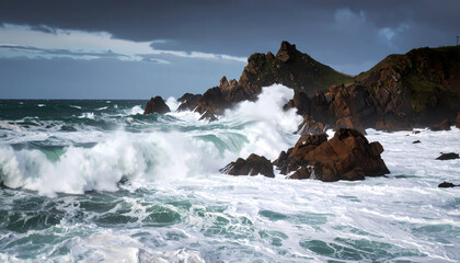 Powerful waves crashing on rocky shore