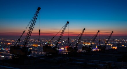 Urban development scene with industrial cranes at sunset, a realistic background for construction projects.