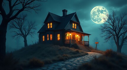 Haunted victorian house under a full moon on halloween night