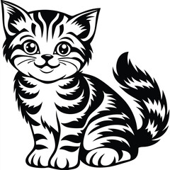 Fototapeta premium Whimsical Striped Cartoon Cat Sitting, Black And White Mascot, Simple Design, Cute