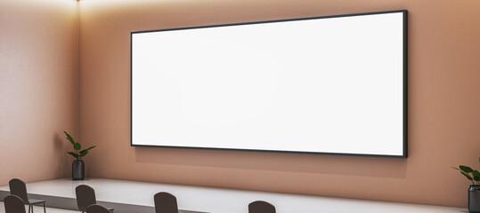 Modern conference room interior with blank white screen on stage wall for presentation or branding...