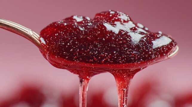 Close-up of a spoonful of shiny, red jam with sugar crystals and a glossy texture on a pink background