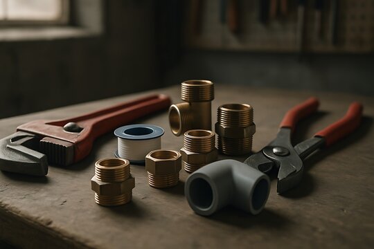 Close up of plumbing tools and brass pipe fittings on wooden surface