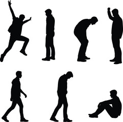 PrinSilhouette of human poses, standing, sitting, jumping, walking, bending, raising hand, isolated on white background, posture, movement, actiont