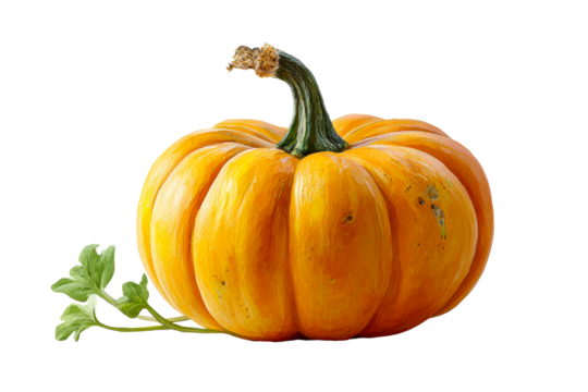 Bright orange pumpkin with green stem and leaf