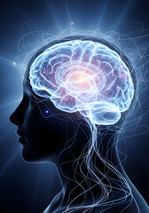 Obraz premium Human Brain Illuminated with Digital Light Trails, Representing AI, Thought Process, and Neural Networks in a Futuristic Technology Concept