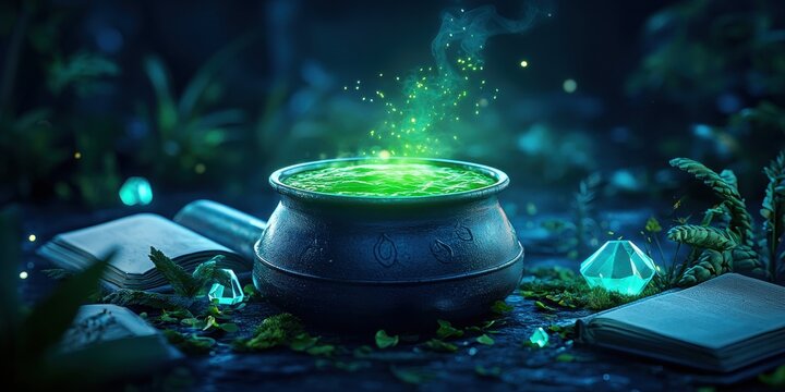 Enchanted cauldron bubbling in a mystical forest setting - Powered by Adobe