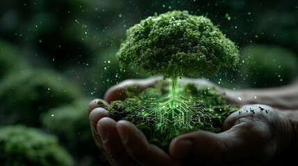 Pair of hands gently cups small glowing seedling, symbolizing fusion of nature and technology, with digital circuit roots and vibrant, hopeful atmosphere