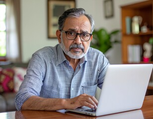 senior man confused while using laptop at home office, authentic expression of frustration with modern technology
