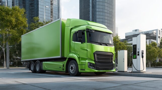 A green electric delivery truck is charging at a designated station amidst a vibrant urban setting. Skyscrapers and greenery create a modern atmosphere, highlighting sustainability