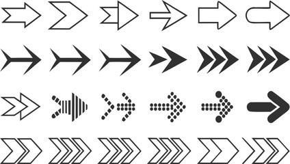 Collection of various arrow designs pointing right in different styles and orientations shown in rows