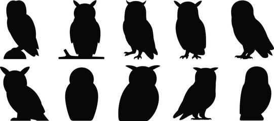 PrintSilhouette Owls Vector Set, Wildlife Bird Icons, Nature Illustration, Nocturnal Animal Graphics, Ornithology Design Elements, Black Shape Collection