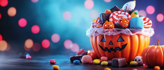 Festive Halloween candy bucket overflowing with treats