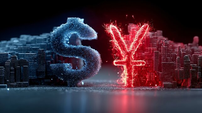 Dollar symbol yen symbol futuristic cityscape glowing red and blue financial competition digital economy night dramatic finance technology - Powered by Adobe