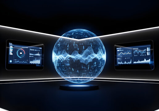 Futuristic Global Data Network and AI Analytics Display in Dark Tech Environment with Digital Dashboards