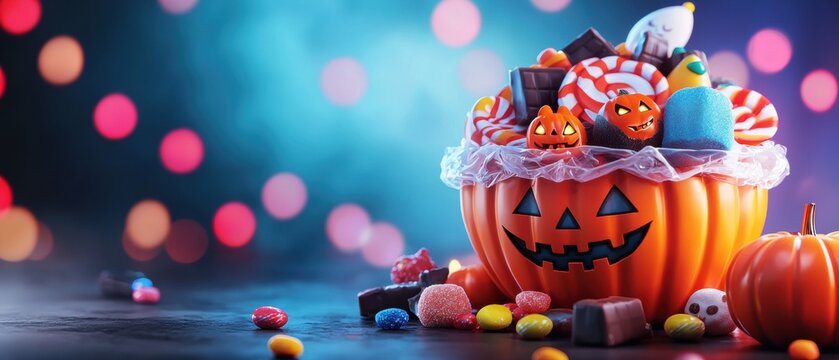 Festive Halloween candy bucket overflowing with treats