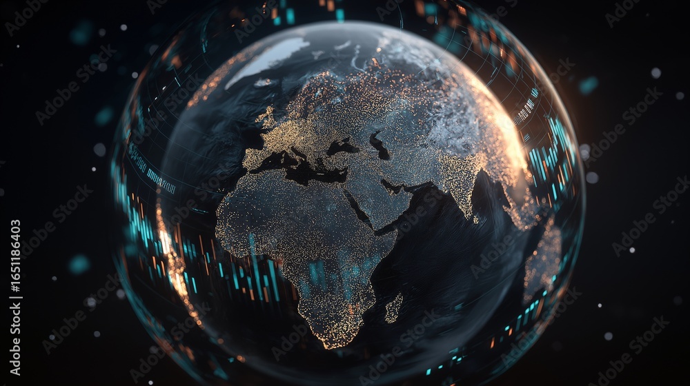Poster glowing earth sphere global market data digital financial charts illuminated continents futuristic t