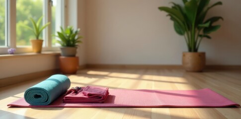 Yoga mat, blocks, straps, serene studio setting, relaxation, lifestyle, balance